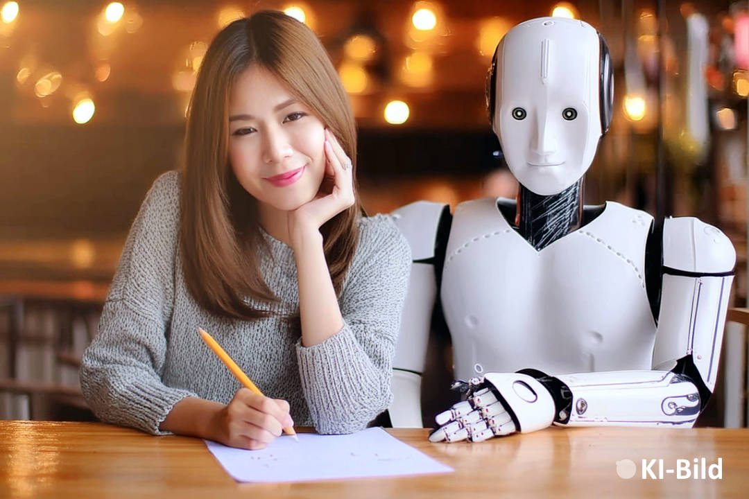 KI-generiertes Bild. Eine Frau sitzt neben einem Roboter, sie hat einen Stuft in der Hand und schreibt auf einem Zettel. Sie lernt gemeinsam mit dem Roboter